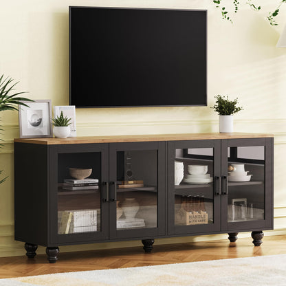 Ball & Cast Farmhouse TV Stand with Tempered Glass Doors for TVs up to 70",Sideboard Buffet w/5 Solid Wood Gourd-Shaped Legs & Adjustable Shelf,Entertainment Center for Living Room,Black+Natural