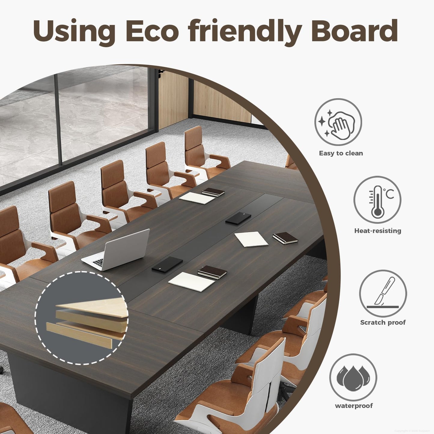 Nuipesn 118 Inch Rectangular Conference Table, 10FT Meeting Table for 10-12 People, Built-in Power Outlets and USB Charging Ports, Cable Management, 2 Inch Thick Top, Walnut and Charcoal Gray