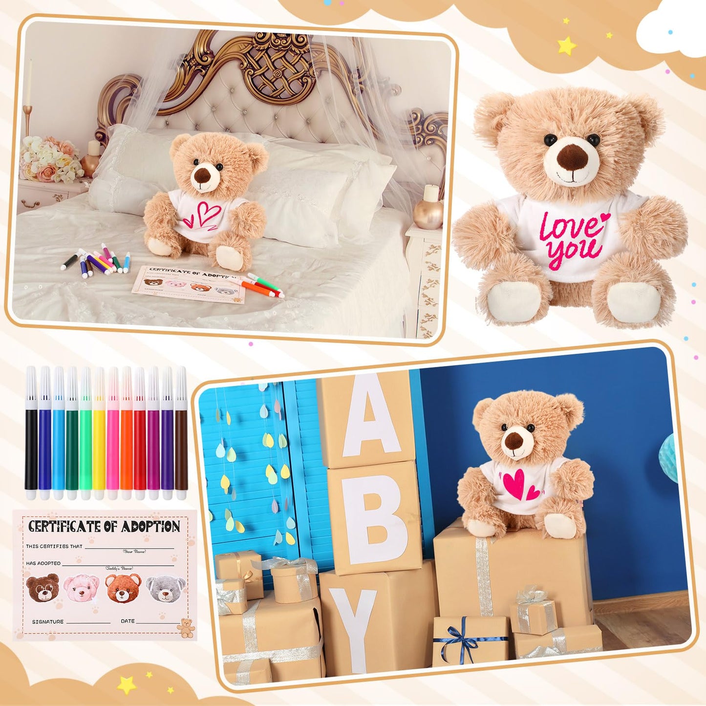 HyDren 15 Pcs Make Your Own Stuffed Animal Bear Kit DIY Adopt and Stuff Kit 10 Inch Soft Bear Plush White T Shirt Adoption Card DIY Brush for Birthday Personalized Gifts