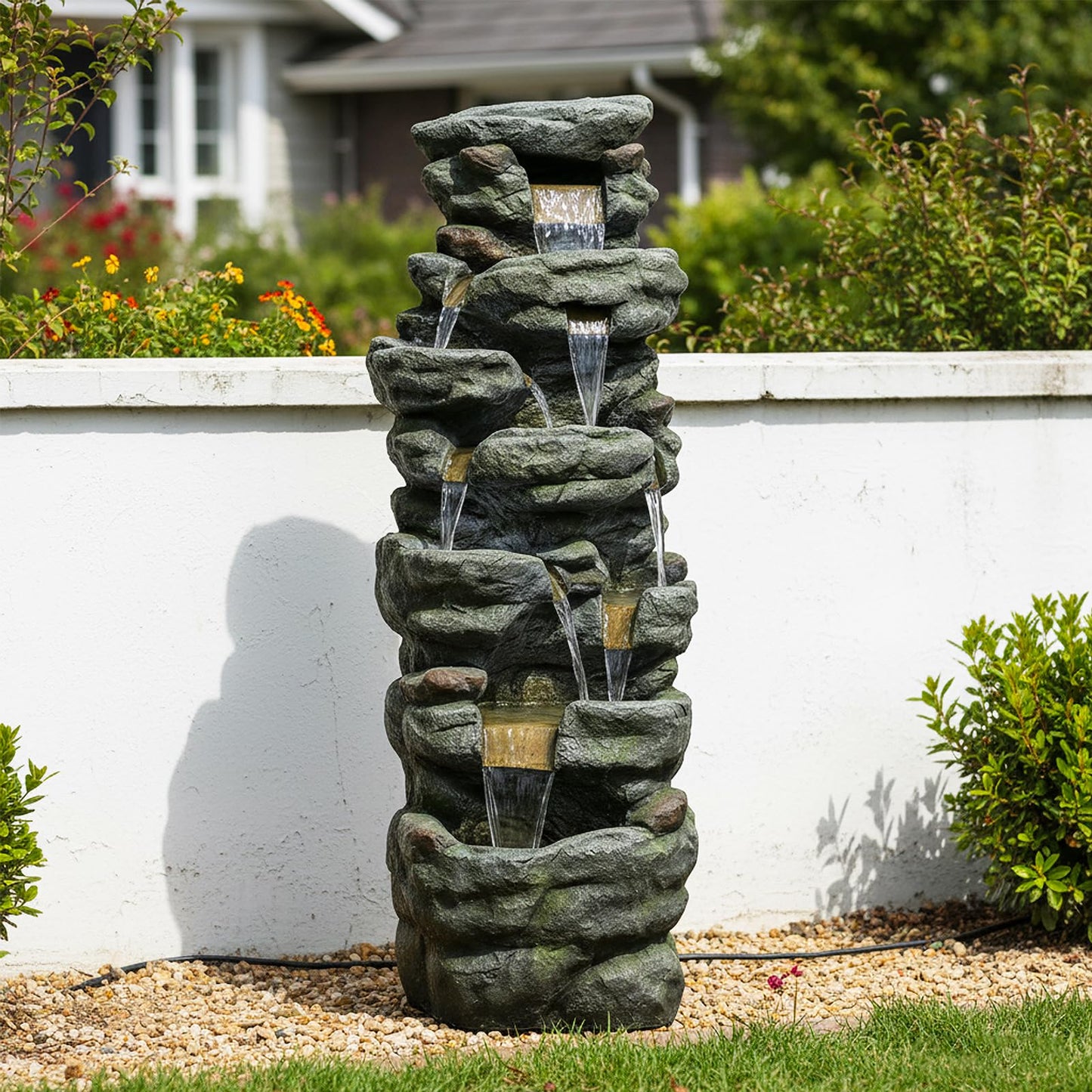 Naturefalls 51" Extra Large Outdoor Water Fountain - Waterfall Fountain with 7 LED Lights, 7-Tiers Cascading, Poly-Resin Indoor and Outdoor Fountain for Garden, Patio, Backyard, Lawn, Yard Decor