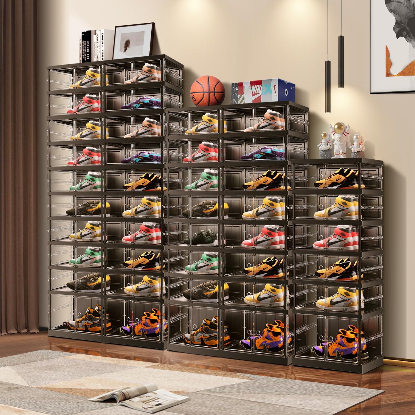 EHAMILY 8 Tiers 16-32 Pairs Foldable Shoe Boxes Large Plastic Shoe Storage Rack Collapsible Shoe Organizer for Closet Clear Stackable Shoes Shelf Storage Cabinet with Doors Quick Assembly Black
