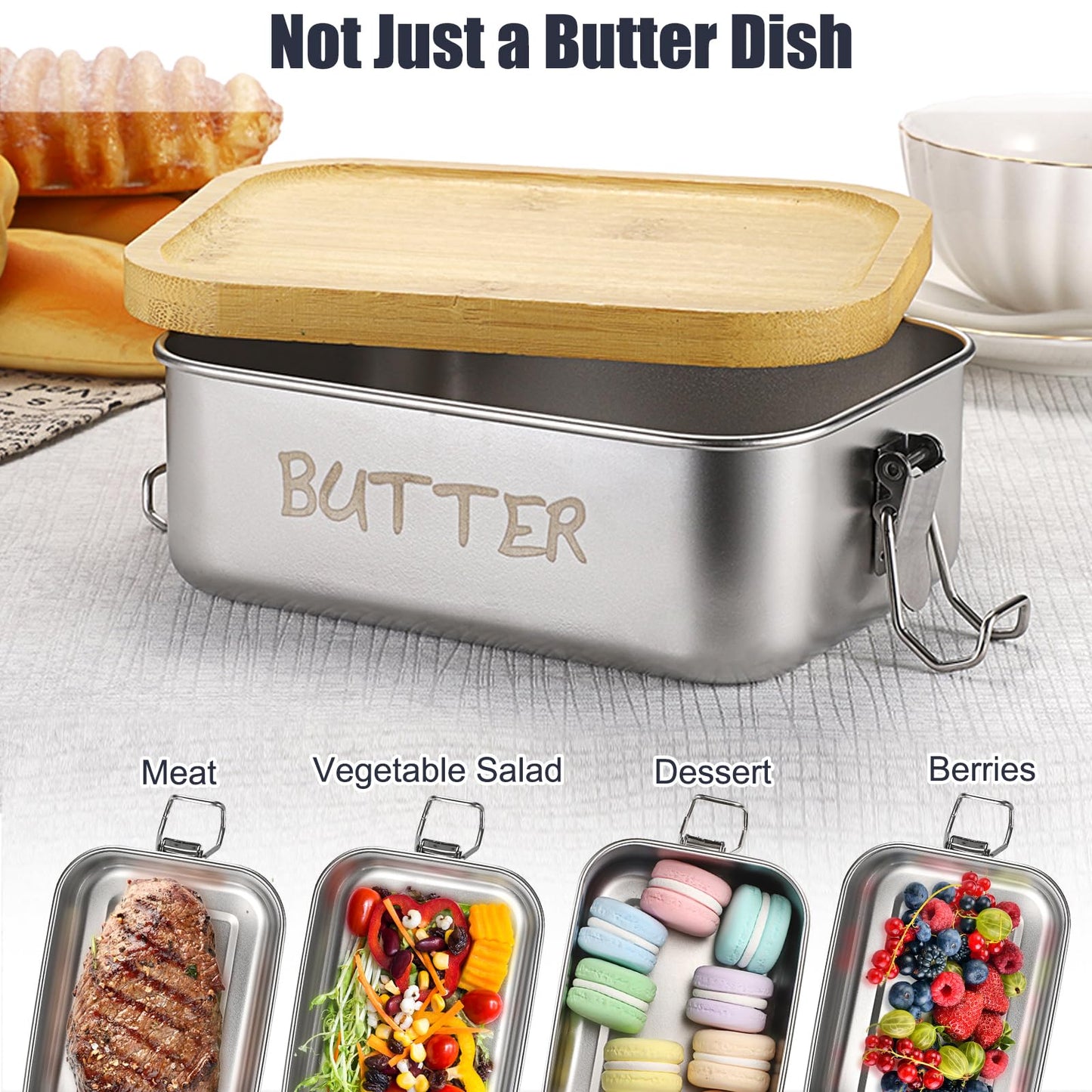 BSTKEY Butter Dish with Lid for Countertop, Stainless Steel Butter Holder Container with Silicone Sealing, Unbreakable Butter Keeper for Kitchen, Holds 1 Stick West or 2 Sticks East Coast Butter