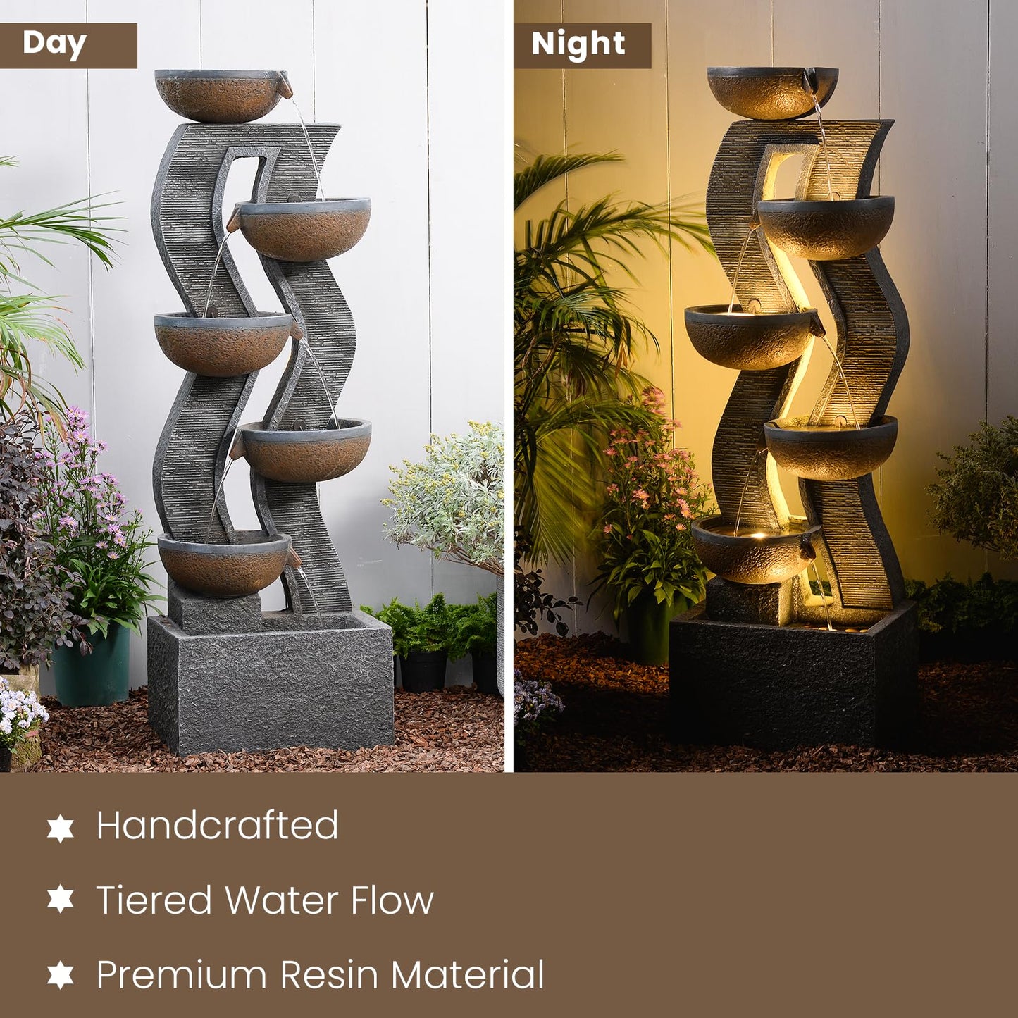 Takamota 52.8" Tall Outdoor Water Fountain with Lights, 6-Tier Cascading Resin Waterfall Feature for Porch, Garden, Yard, Deck, Patio – Large Freestanding Outdoor Fountain and Waterfall Outside Decor