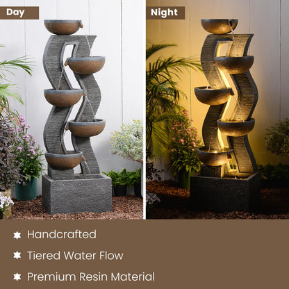 Takamota 52.8" Tall Outdoor Water Fountain with Lights, 6-Tier Cascading Resin Waterfall Feature for Porch, Garden, Yard, Deck, Patio – Large Freestanding Outdoor Fountain and Waterfall Outside Decor