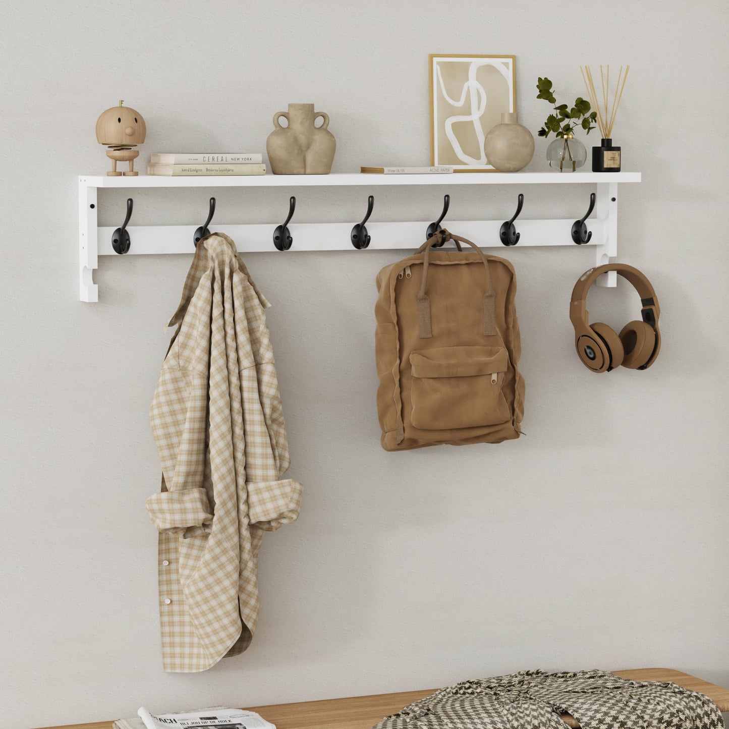 AMBIRD Coat Rack Wall Mount, 35 Inch Large Coat Hooks Wall Mounted with 7 Dual Metal Hooks and 2 Side Hooks, Wall Hooks with Shelf in Entryway, Kitchen, Living Room, Bathroom, Bedroom (White)