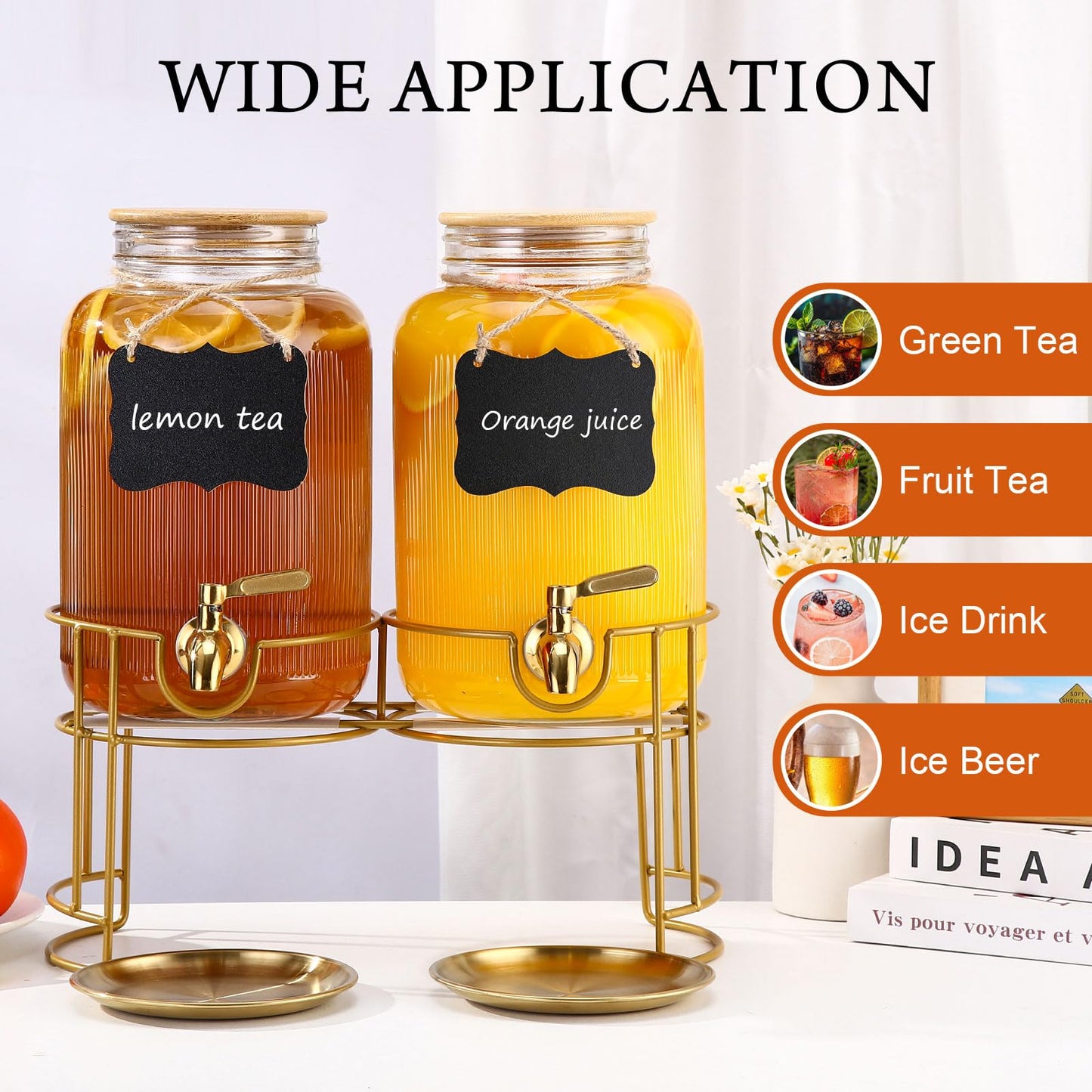Drink Dispensers For Parties- 1 Gallon Beverage Dispenser with Stand and Spigot 18/8 Stainless Steel Leak-proof- Sun Tea Glass Jar For Outside, Juice Lemonade Dispenser