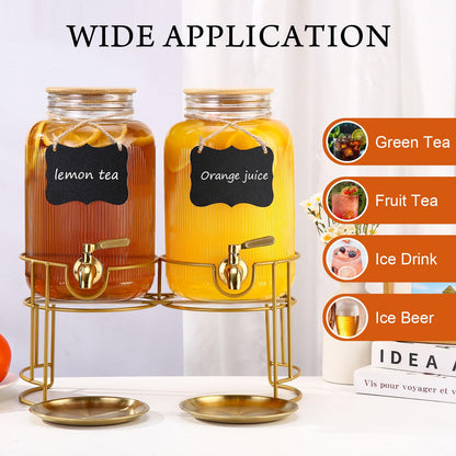 Drink Dispensers For Parties- 1 Gallon Beverage Dispenser with Stand and Spigot 18/8 Stainless Steel Leak-proof- Sun Tea Glass Jar For Outside, Juice Lemonade Dispenser