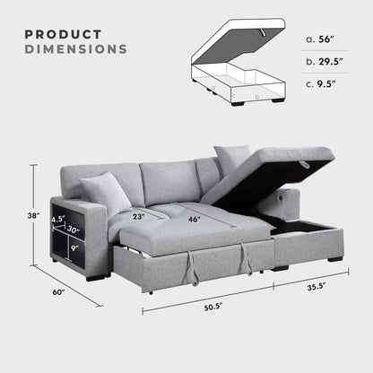 Lexicon 92.5" W L Shape Sectional Couch with Right Storage Chaise and Pull Out Sofa Bed, Sectional Sleeper Sofa with Memory Foam Seat Cushion, Charging Port, Storage Shelf for Living Room, Gray