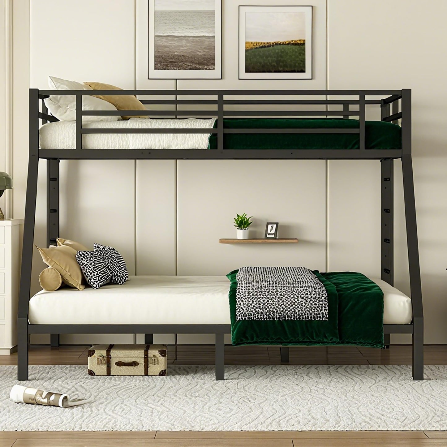 Bellemave Metal Bunk Bed Twin XL Over Queen, Heavy Duty Bed Frame with Guardrails & 2 Side Ladders, Noise Free Sturdy Twin Over Queen Bunk Beds for Adults & Kids, Black