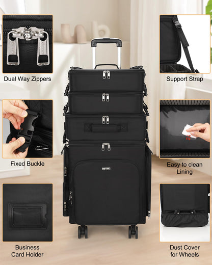 Relavel Rolling Makeup Case, 4 in 1 Hairstylist Traveling Bag Cosmetology Case on Wheels Large Hair Tools Cosmetics Train Case Makeup Artist Storage Organizer Trolley Suitcase with 360° Swivel Wheels