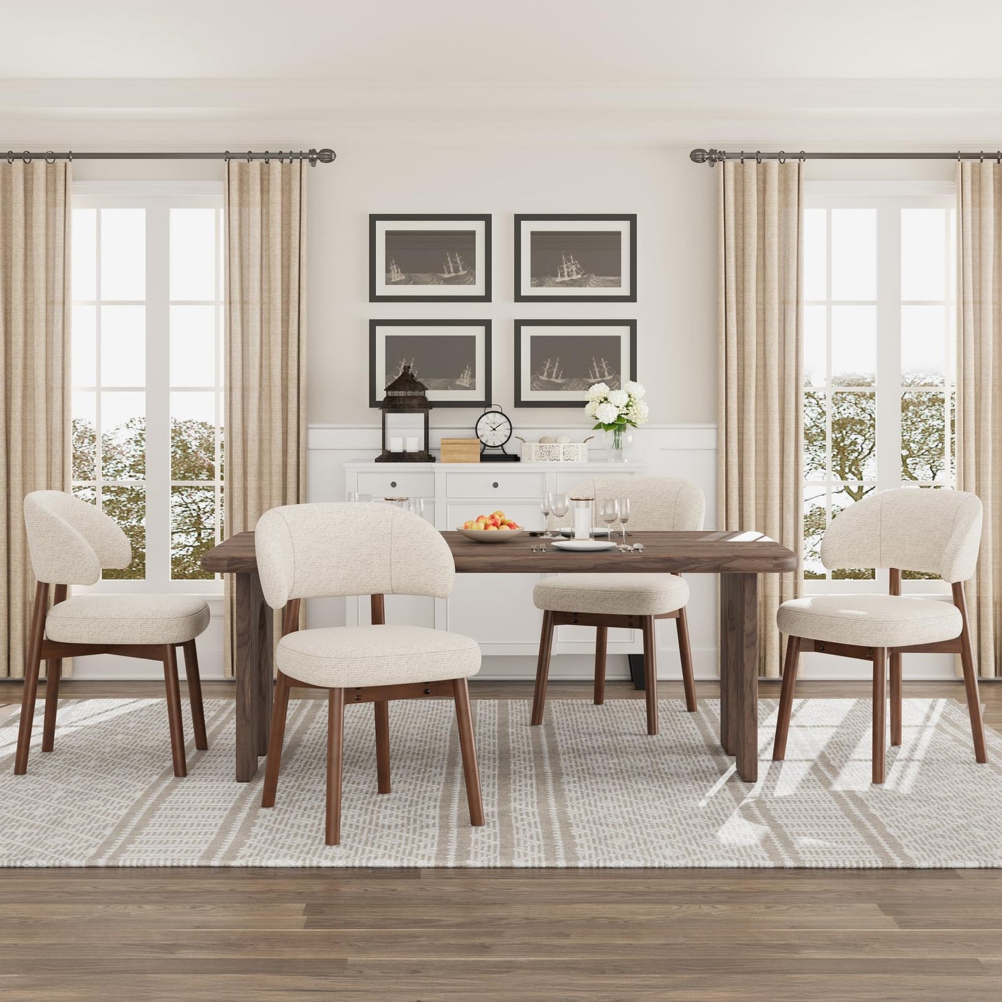 MALOL Wooden Dining Chairs Set of 4, Modern Upholstered Dining Room Chair, Fabric Kitchen Side Chairs with Curved Open Back for Living Room/Restaurant/Cafe, Beige
