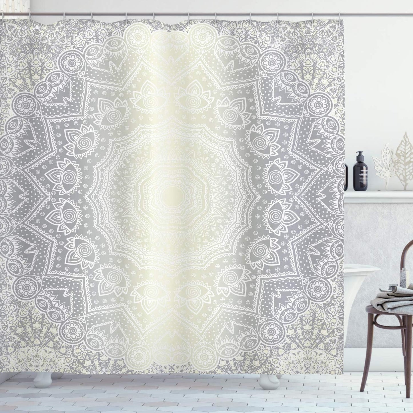 Ambesonne Grey and White Shower Curtain, Culture Mandala Circle Ombre Art Bathroom Decor Set with Hooks