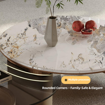 KEIKI 32" Faux Marble Tabletop Round Wood Storage Coffee Table with Rotating Wheels, 2 in 1 Design Modern Coffee Table, No Assembly Required, for Apartment, Living Room, Bedroom, Reception Room, White