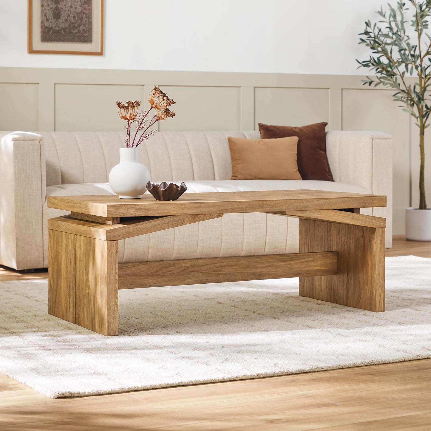 Walker Edison Booker Modern Easy Assembly Split-Top Coffee Table, 47 Inch, Heritage Oak