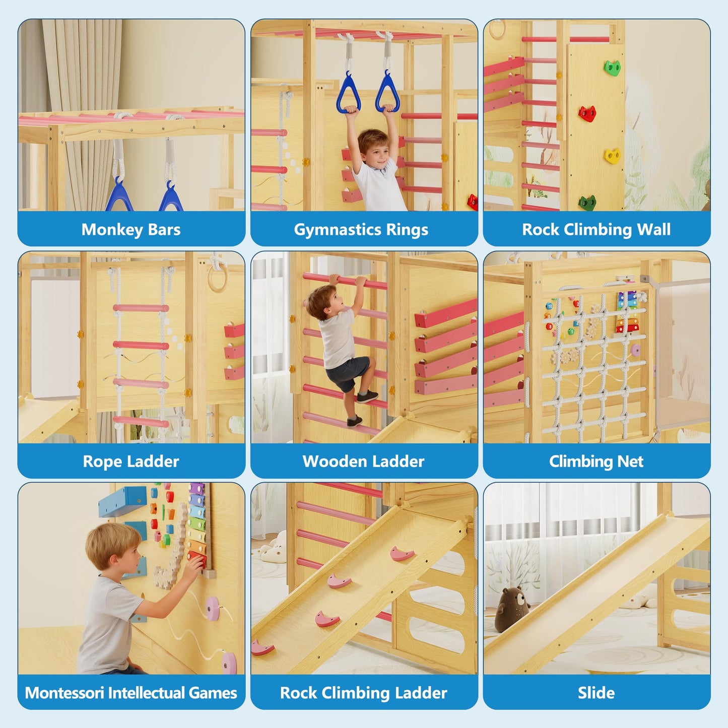 9-IN-1 Outdoor Indoor Jungle Gym, Montessori Wooden indoor playground for kids 2-8, Wooden Climbing Structure with Slide, Monkey Bars, Rope Ladder, Rock Wall, Climbing Net, Rings - Natural Wood Pink