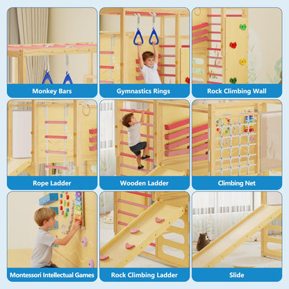 9-IN-1 Outdoor Indoor Jungle Gym, Montessori Wooden indoor playground for kids 2-8, Wooden Climbing Structure with Slide, Monkey Bars, Rope Ladder, Rock Wall, Climbing Net, Rings - Natural Wood Pink