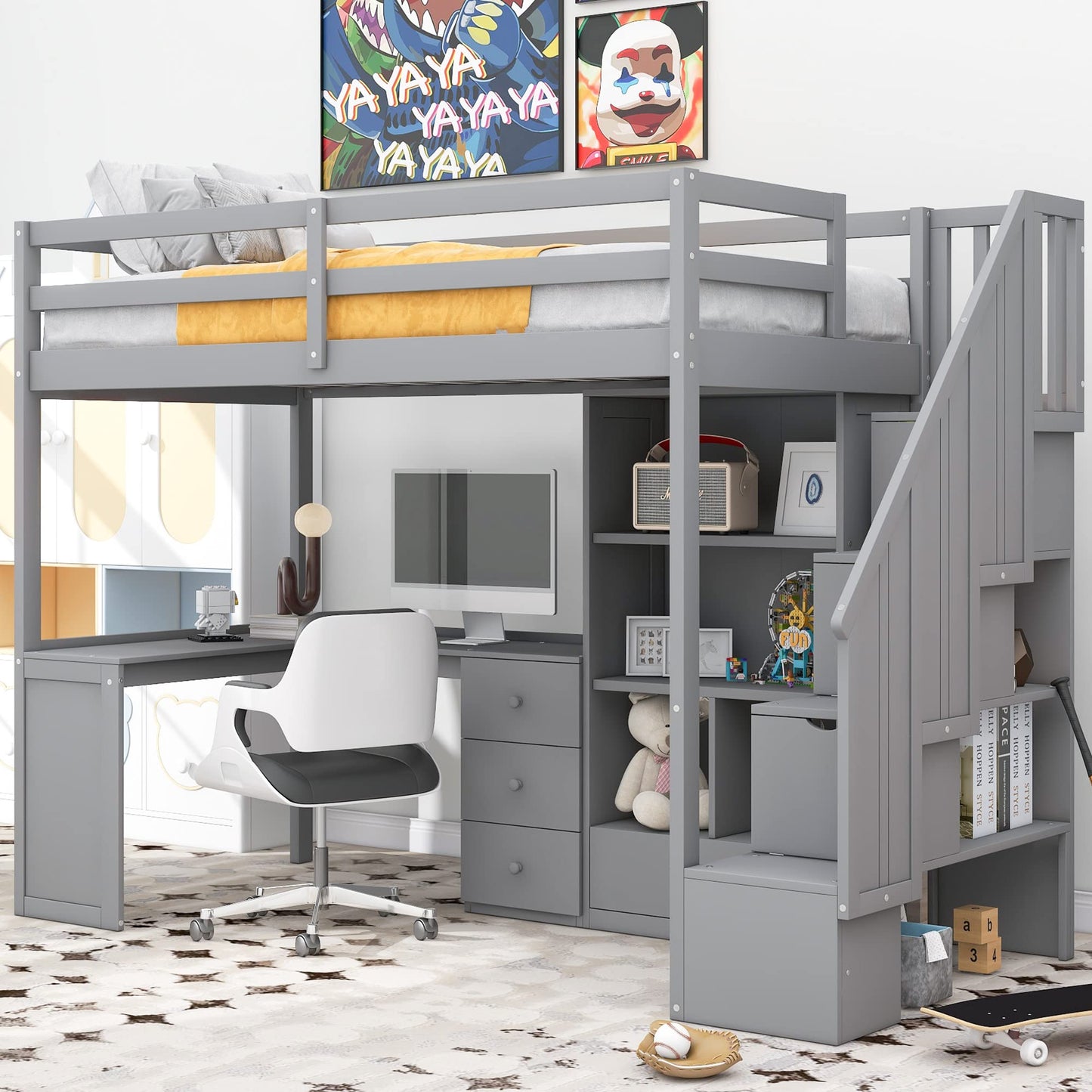 KTATK Twin Size Loft Bed with Storage Shelves and Under-Bed Desk,Bedroom Multifunctional Bed Frame w/Solid Wood Slat Support & Full-Length Guardrail,for Adult Boy Girl Teen,White