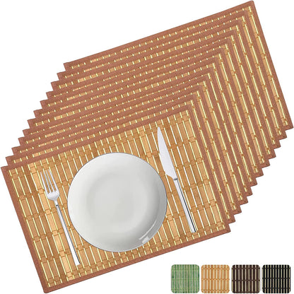 ANDSTAR Set of 12 Pcs Bamboo Placemats with Fabric Border Sushi Rolling Mat Japanese Style Natural Anti-Slip Bamboo Placemats Washable Heat-Resistant Table Mats for Dining Room and Kitchen(Coffee)