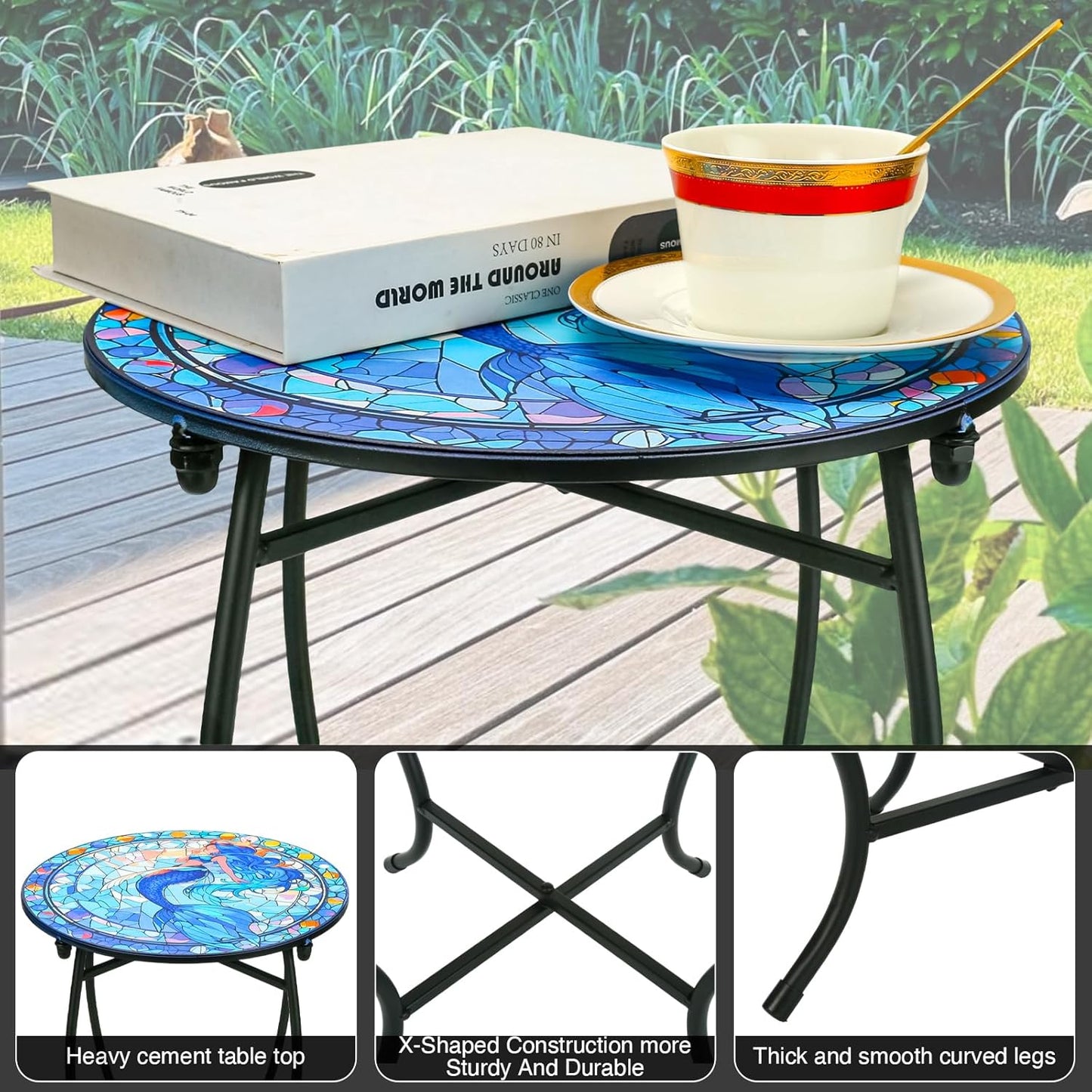 Fashion&cool 14 Inch Patio Side Table for Small Space, Weather Resistant Metal Side Table, Small Round End Table Accent