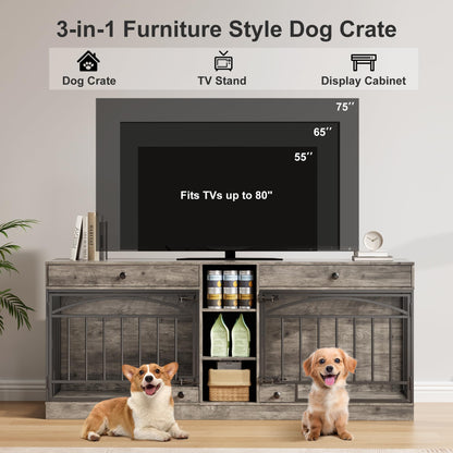 GarveeHome Dog Crate Furniture for 2 Dogs, Dog Kennel Indoor with Storage and Feeding Bowls, Double Dog Crate TV Stand for Small Medium Dogs, Grey