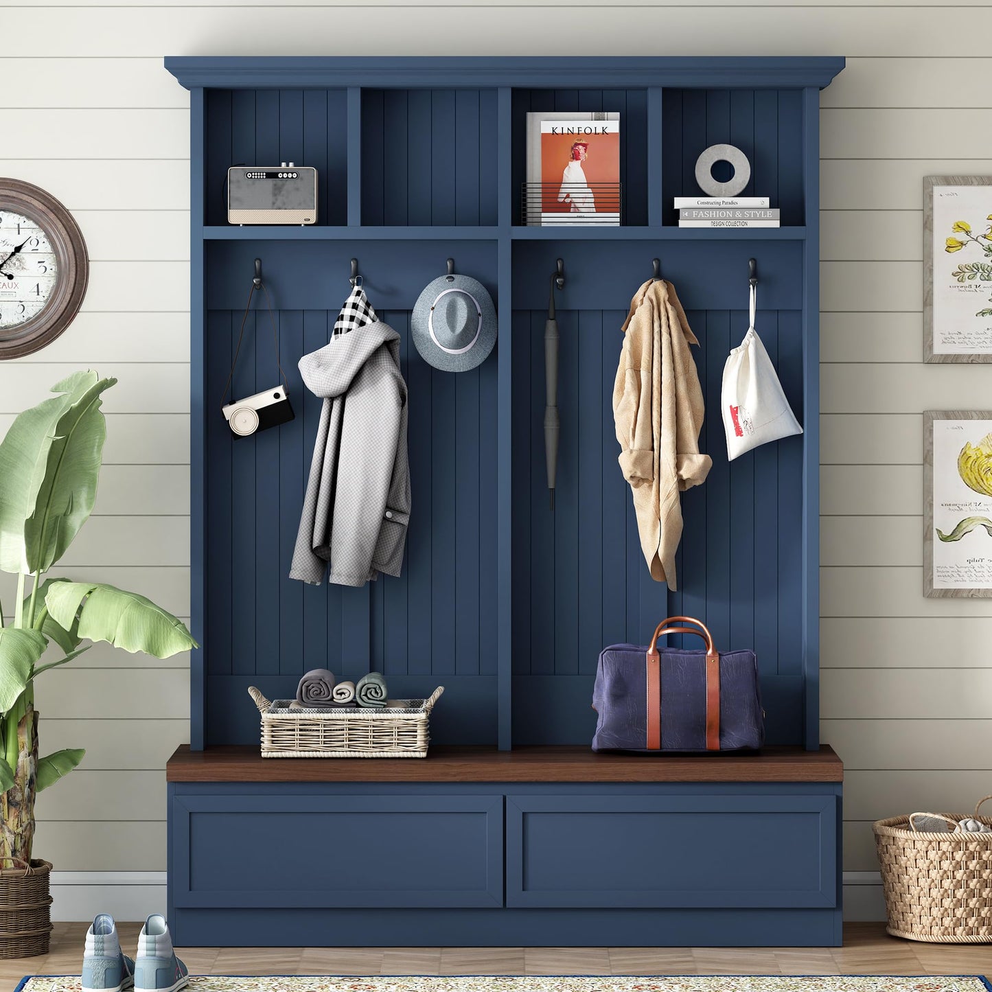 Merax Wood Hall Tree with 6 Hooks & Entryway Bench, Farmhouse Mudroom Versatile Coat Racks with 2 Large Drawers, Entrance Organizer for Hallway, Blue