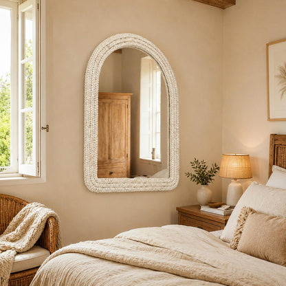 CAVINHOME 30" x 40" Arched Wall Mirror, Handwoven Natural Corn Husk Fiber with Light Whitewashed Finish, Warm Boho Coastal Style for Entryway, Bedroom, Living Room, Vertical Hanging