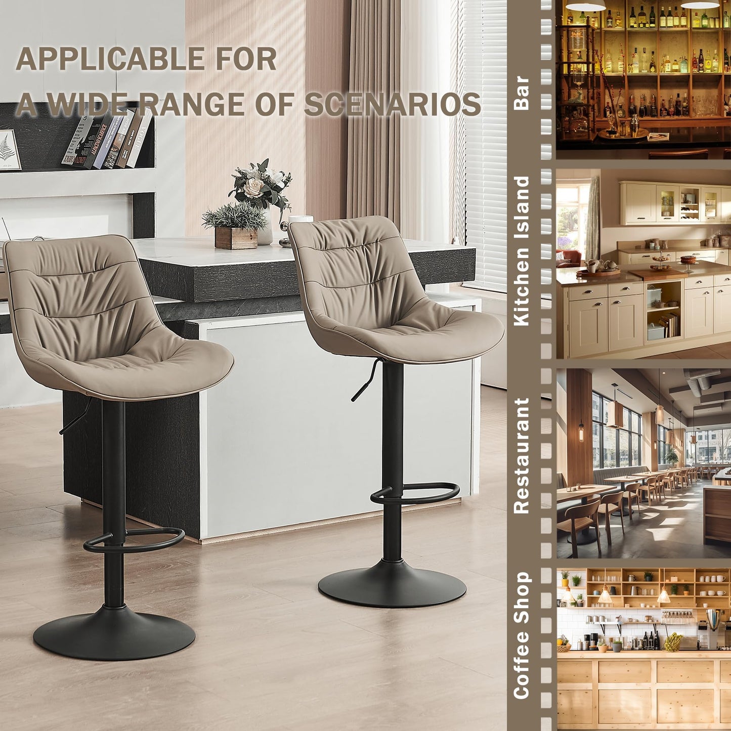 Kidol & Shellder Adjustable Bar Stools Set of 2, Faux Leather Counter Height BarStools with Back and Metal Base, Modern Mid Century Upholstered Bar stools for Kitchen Island Khaki