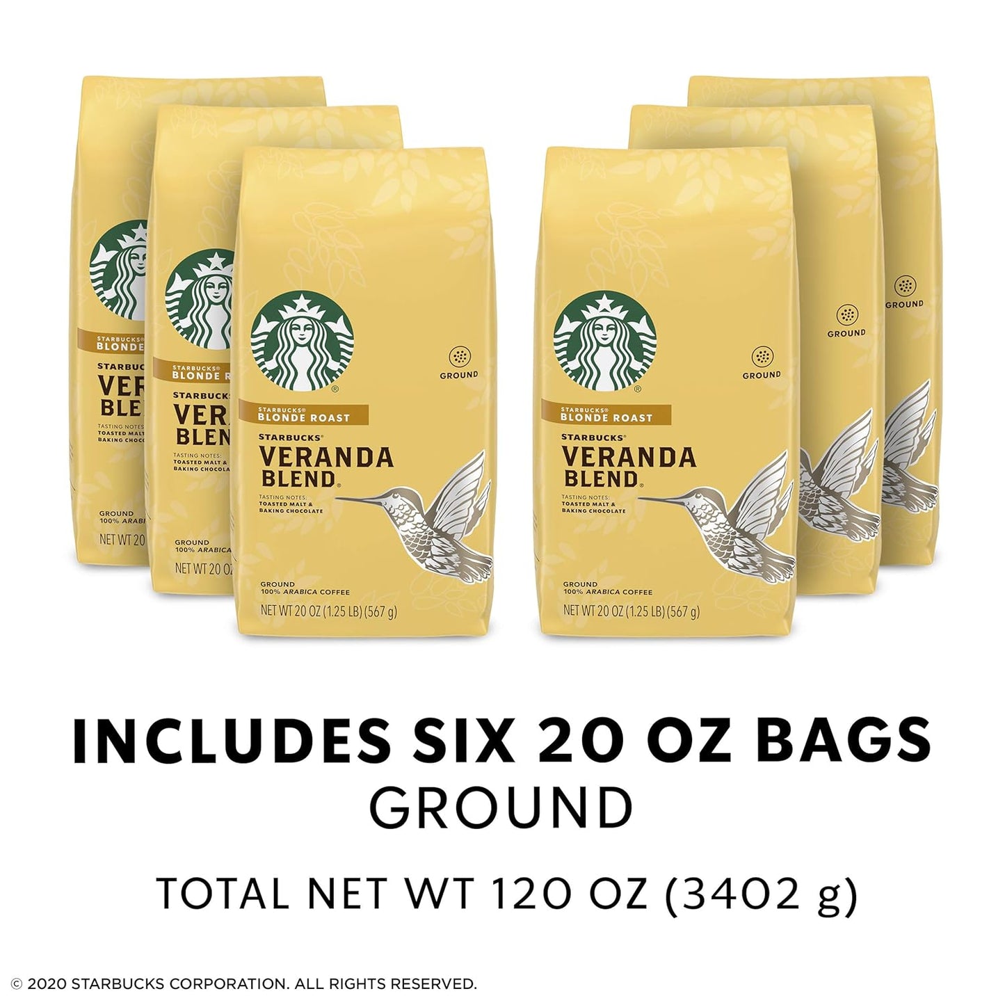 Starbucks Veranda Blend Coffee - Ground, Smooth Flavor, 20-Ounce Bags, Pack of 6