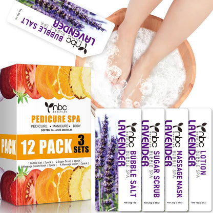 Pedicure Kit Foot Soak Set: Bubble Salt, Sugar Scrub, Massage Mask, Massage Lotion in a Box, 4 Step Foot Spa Kit for Dry Feet,Tired Feet（3 Set Tropical Fruit)
