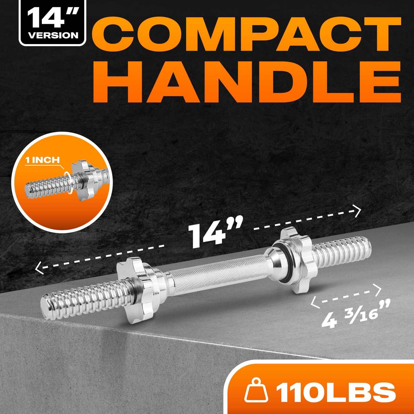 Yes4All Pair of Threaded Dumbbell Handles 14/16/18/24 inch, Chrome/Rubber Grip, Fit 1” Plates, Weight Bar Connector