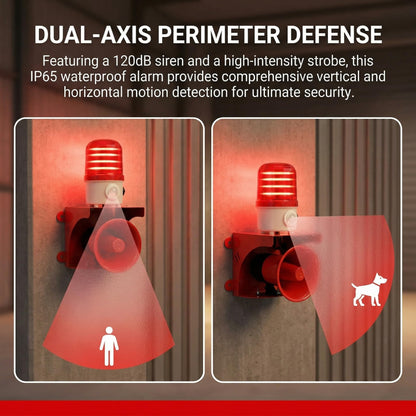 Motion Sensor Alarm with Human Detection, 120dB Loud Siren & LED Strobe for Home Defense, Outdoor Security, Property Protection, AC110V Plug
