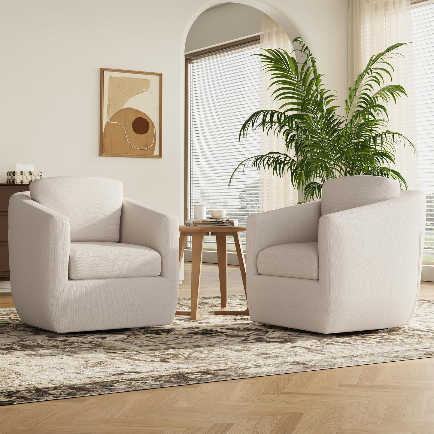 COLAMY 360° Swivel Accent Chair Set of 2, Fully Assembled Living Room Armchair with Pillow, No-Sag Foam, Sturdy Metal Base, Swivel Accent Single Sofa for Bedroom Living Room, Reading Room, Beige
