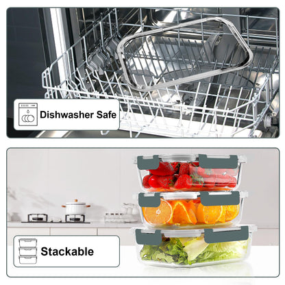 VERONES 10 Pack 22 OZ Glass Meal Prep Containers, Airtight Glass Lunch Containers Set, Glass Food Storage Containers with Lids,Exclusive of BPA, for Microwave, Oven, Freezer & Dishwasher Friendly,Grey