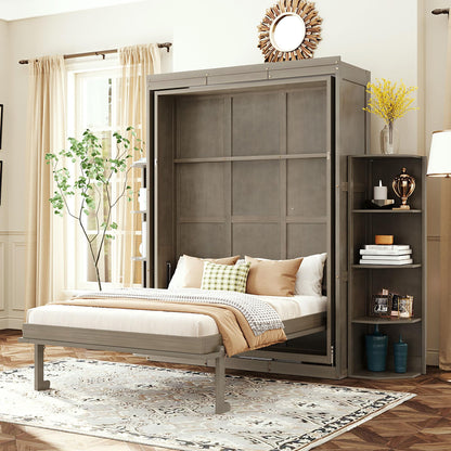 Rotating Full Murphy Bed with Hidden Wall Cabinet, Dual 3-Tier Side Shelves, Convertible Desk, Extra Storage Racks, Space-Saving Multifunctional Wall Bed for Home Office &Small Rooms, Gray