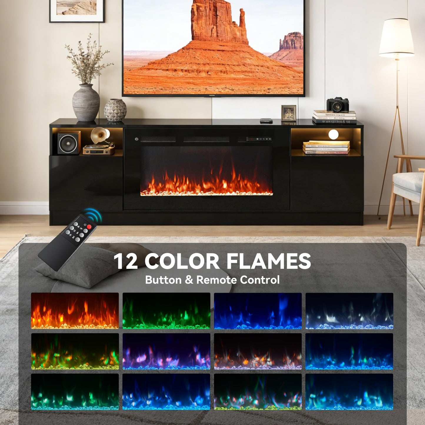 OneBlis 70" Fireplace TV Stand with 36" Electric Fireplace, LED Light Entertainment Center for TVs Up to 80", High-Gloss Door, Modern TV Console for Living Room with Storage Cabinet, Black+Black