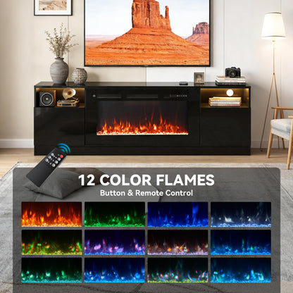 OneBlis 70" Fireplace TV Stand with 36" Electric Fireplace, LED Light Entertainment Center for TVs Up to 80", High-Gloss Door, Modern TV Console for Living Room with Storage Cabinet, Black+Black