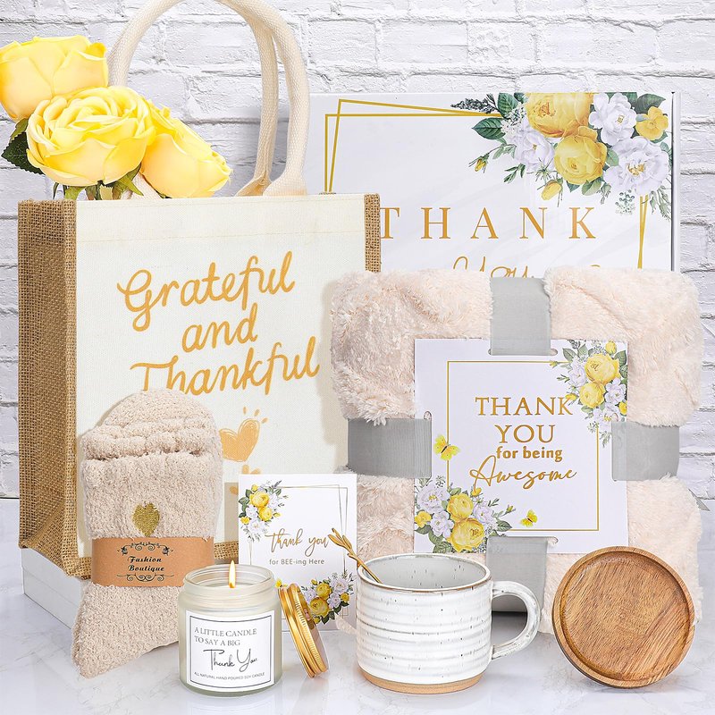Thank You Gifts for Women ,Appreciation Gift Box with Blanket, Mug with Lid and Spoon, Soy Candle, Fuzzy Socks, Tote Bag, Card ,Boss, Birthday, Nurse, Teacher, Coworker, Mom, Best Friend