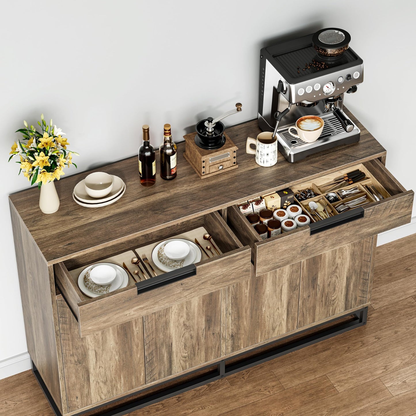 GarveeHome Sideboard Buffet Cabinet, 55-Inch Large Modern Kitchen Accent Storage Cabinet with 2 Drawers and 4 Doors, Coffee Bar Buffet Table for Kitchen and Dining Room (Retro)
