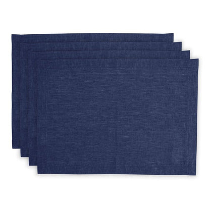 Solino Home Linen Cloth Placemats Set of 4-100% Pure Linen Hemstitch Chambray Navy Placemats 14 x 19 Inch - Milan Hemstitch Table Place Mats for Mothers Day, Memorial Day