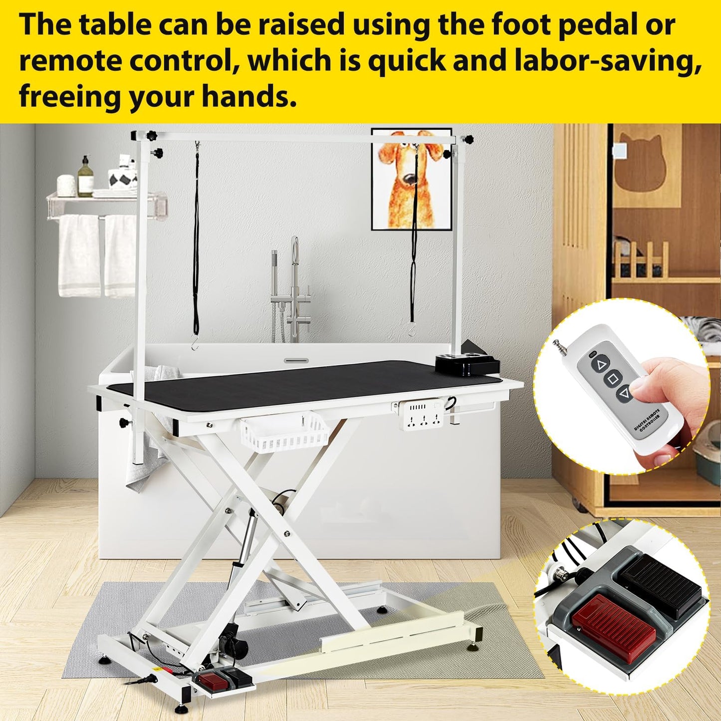 MilleLoom 50" Electric Dog Grooming Table for Home, Heavy Duty Height Adjustable Pet Wash Station with Arm, Portable Non-Slip Tabletop, Tool Organizer & USB Outlet, Supports 300lbs for All Pets