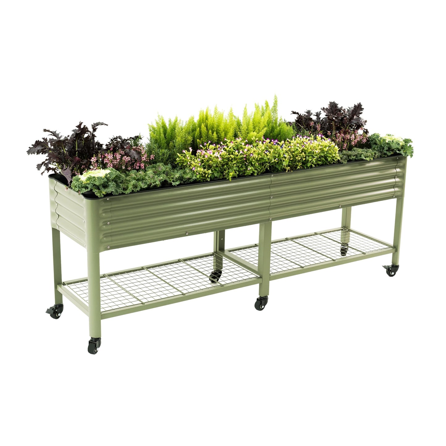 Rolling Elevated Raised Garden Bed-V Series, 2' x 8' Garden Beds with Legs & Storage Rack for Patio & Porch, 1400 Lbs Weight Capacity, Outdoor Planter Box for Vegetables Flower Herbs, Olive Green