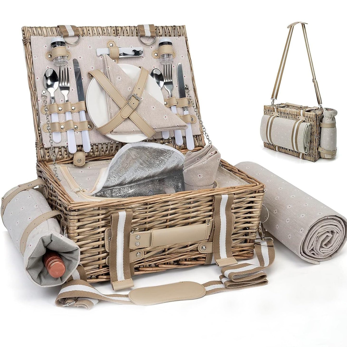 19Pcs Picnic Basket for 2 with Insulated Liner and Waterproof Picnic Blanket Wine Pouch, Large Wicker Picnic Hamper for Camping,Outdoor,Valentine Christmas for Couples