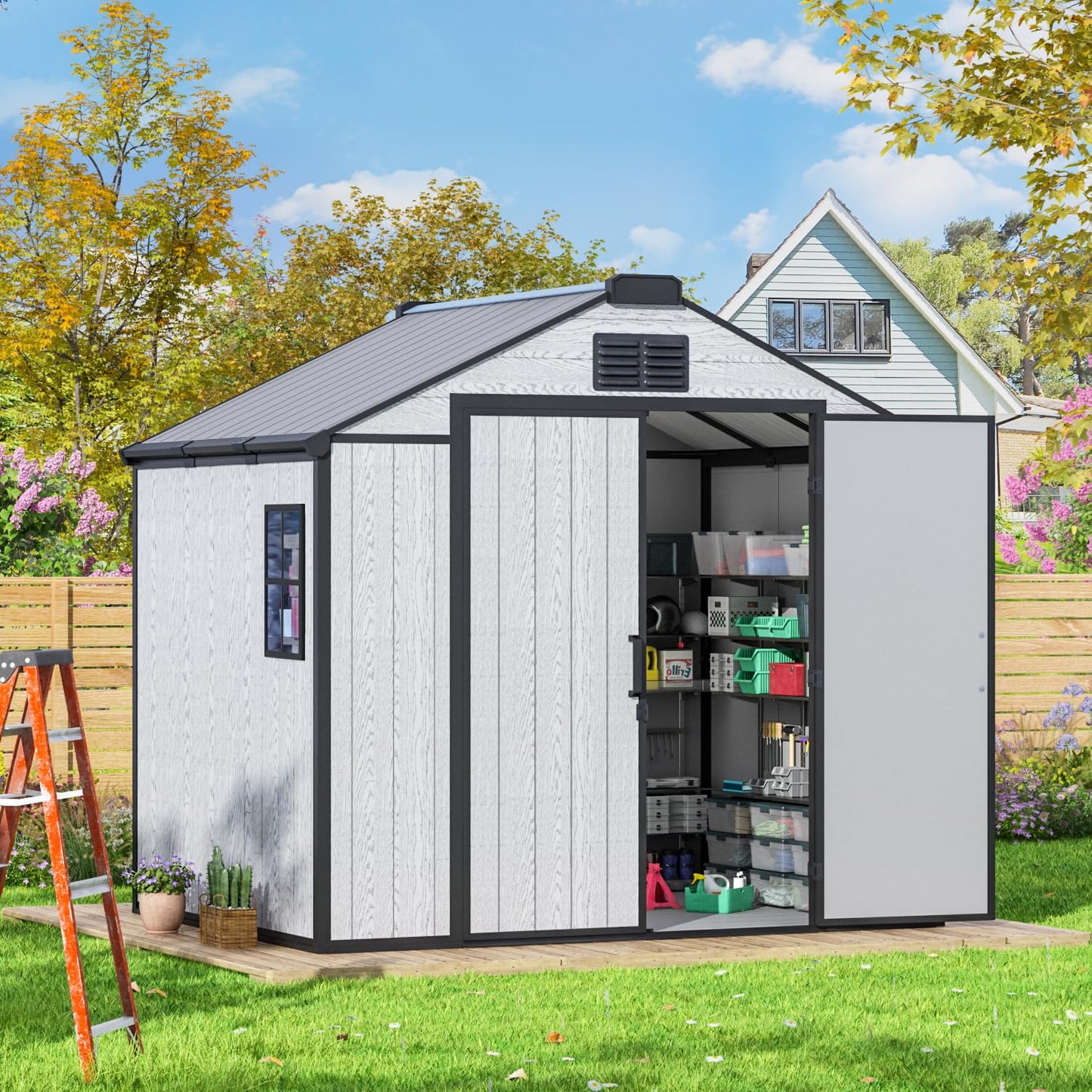 MELLCOM 8 x 6 FT Outdoor Storage Tool Shed with Lockable Door and Windows, Outdoor Resin Storage Shed with Floor, Plastic Garden Shed for Lawnmower, Pool Supply, Bike