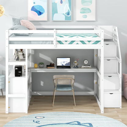 Merax Stairway Loft Bed with L Shape, Shelves, Two Tier Drawers and Storage, White Platform, Full Loft w/Desk and Staircase