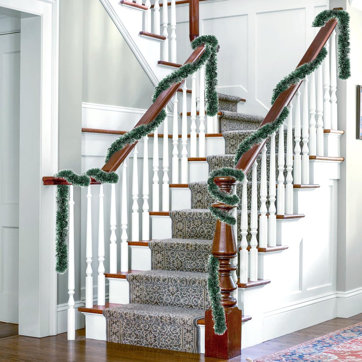 50FT Green Christmas Tinsel Garland Decorations to Christmas Tree, Thick and Thin Metallic Streamers Foil Tinsel Twist Garland Decor for Home Indoor Outdoor Party Supplies