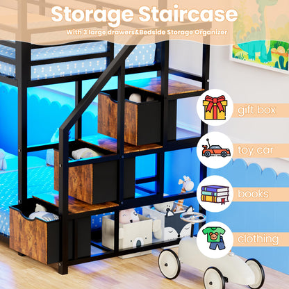 Low Bunk Bed Twin Over Twin with Storage Staircase, RGB LED Lights, Drawers & Shelves, Metal Bunk Beds for Kids with Power Outlet, Double Full-Length Guardrails & Metal Slats for Small Space, Black