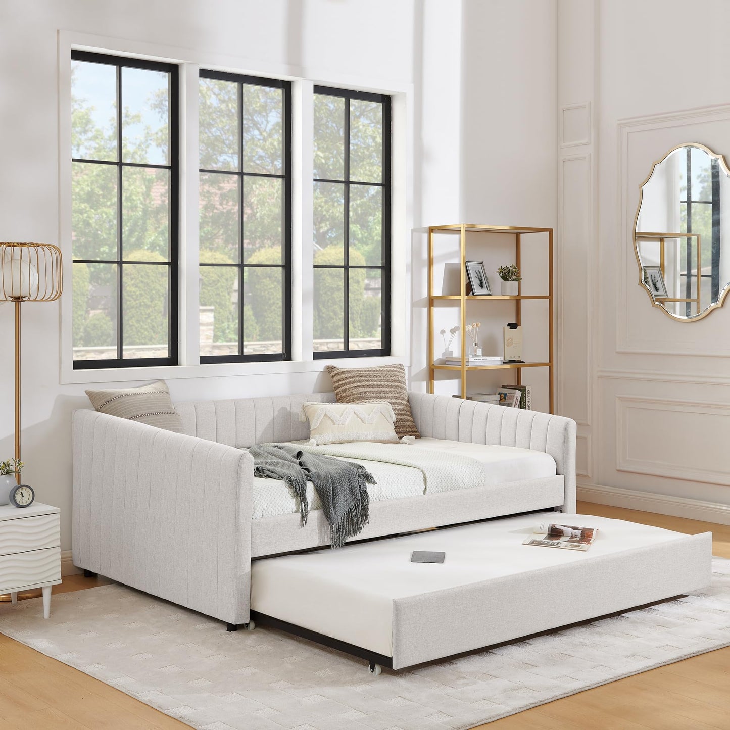 Ball & Cast Full Size Daybed with Pop up Trundle,Linen Upholstered Day Bed Frame with Channel Tufted Backrest & Armrest,Extendable Trundle Bed,Full to King Design,Easy Assembly,Black