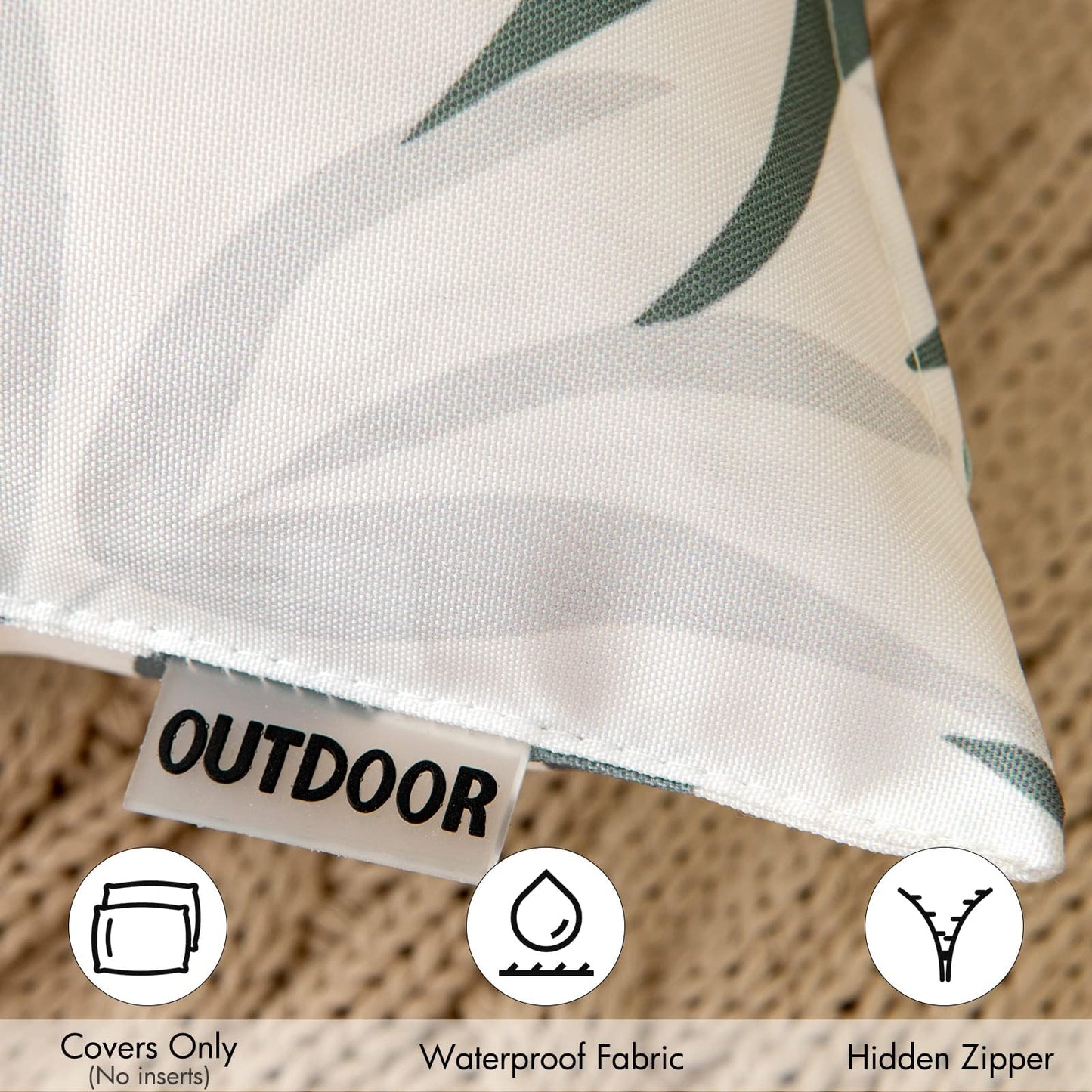MIULEE Pack of 2 Decorative Outdoor Waterproof Throw Pillow Covers Patio Pillow Cases Natural Leaves Pattern Spring Square Cushion Shams Shell for Garden Balcony Couch 16x16 Inch, Greyish Green