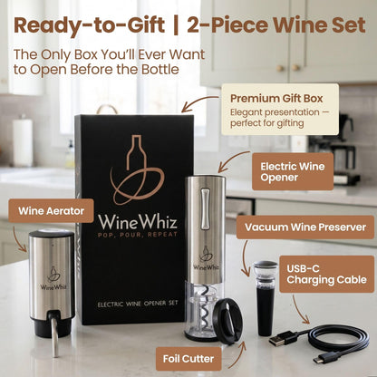Electric Wine Aerator & Opener Set with Accessories, Rechargeable Automatic Corkscrew, Aerator, Dispenser, Foil Cutter Tool, Stopper, Wine Lovers Gift for Housewarming, Birthday, Registry, Anniversary