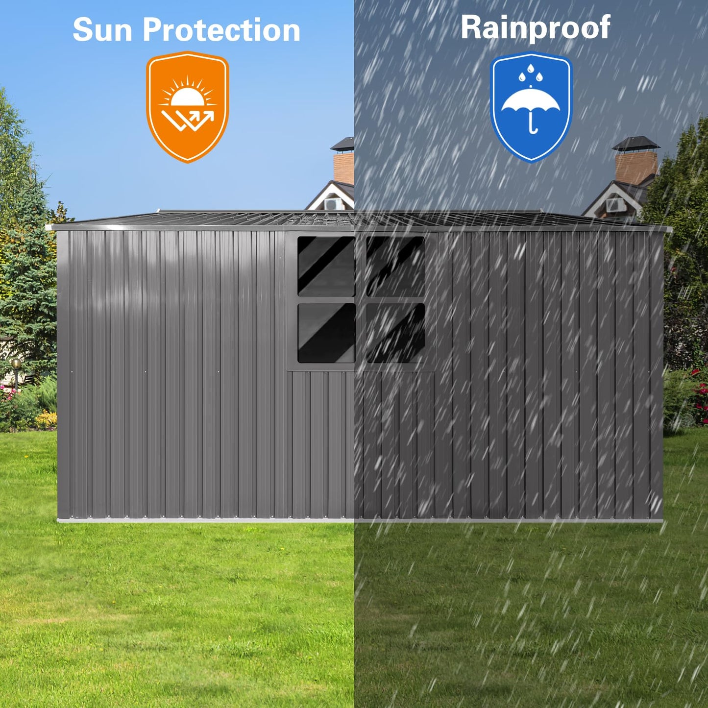 YOPTO 11x13 FT Outdoor Storage Shed,Metal Waterproof Tool House with Firewood Shed and 2 Integrated Punched Vents,2-in-1 Garden Storager Apex Roof Shelter w/Window & Door for Wood,Bicycles,Grey